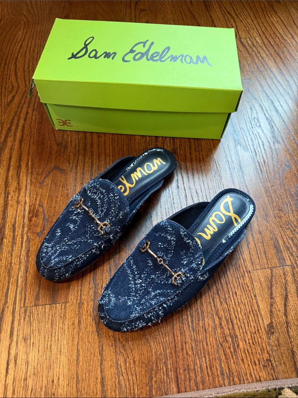 Sam Edelman Navy Denim slip on Loafers with Gold Bit. Size 6